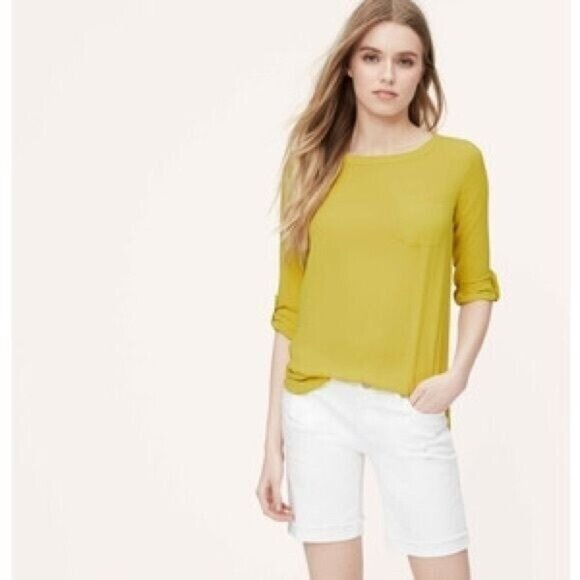 LOFT Tops - LOFT Blouse M Yellow Tab Sleeves Boat Neck Career Lightweight